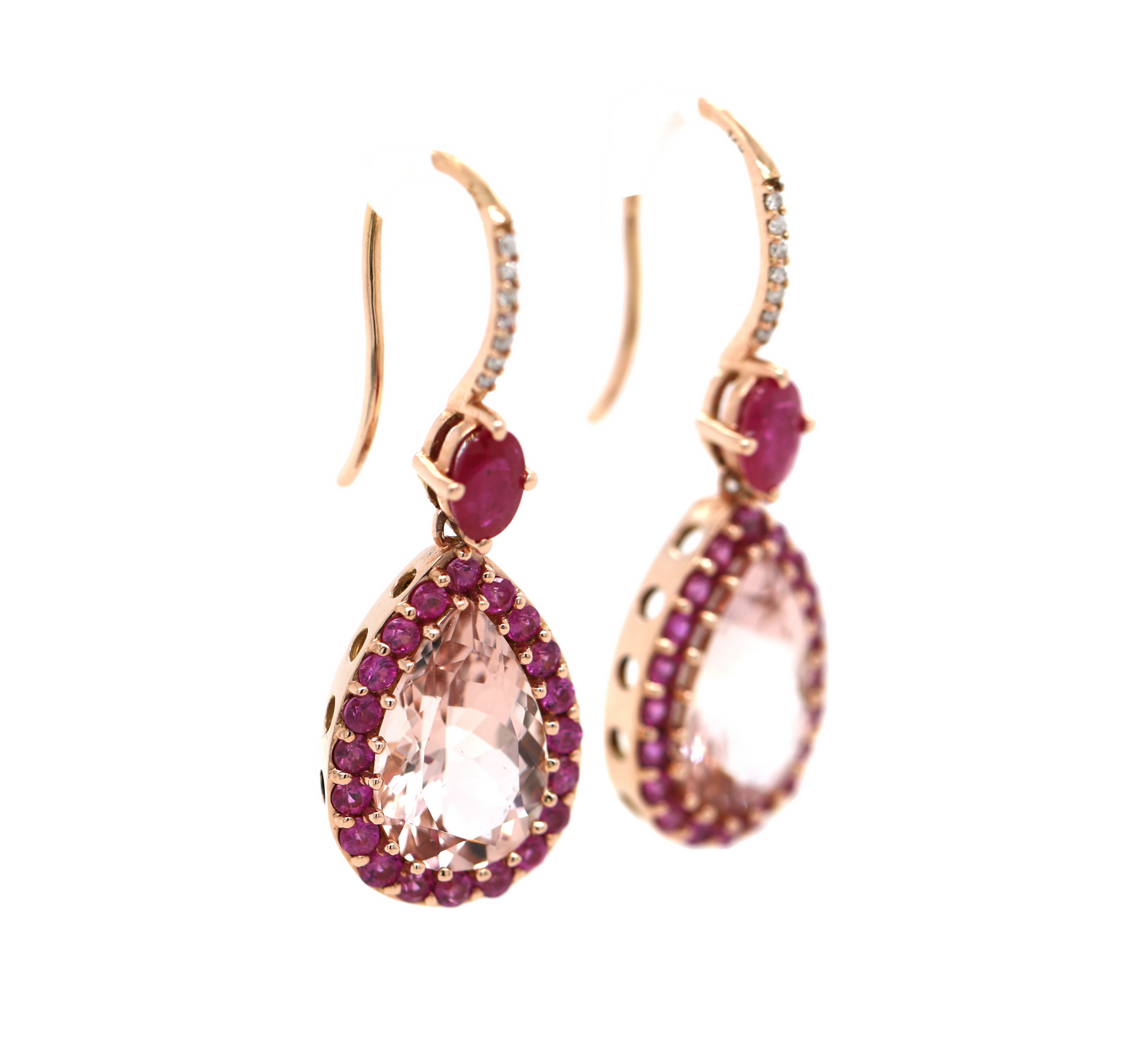 Morganite / Ruby / Diamond Tear Drop Earring, 10.05 cts