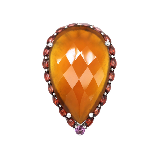 925 Orange/Pink/Aqua Chalcedony w/ Garnet & Rhodolite Ring