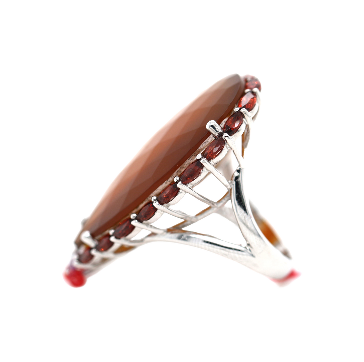 925 Orange/Pink/Aqua Chalcedony w/ Garnet & Rhodolite Ring