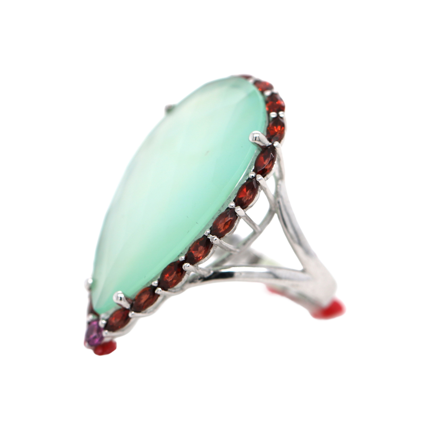 925 Orange/Pink/Aqua Chalcedony w/ Garnet & Rhodolite Ring
