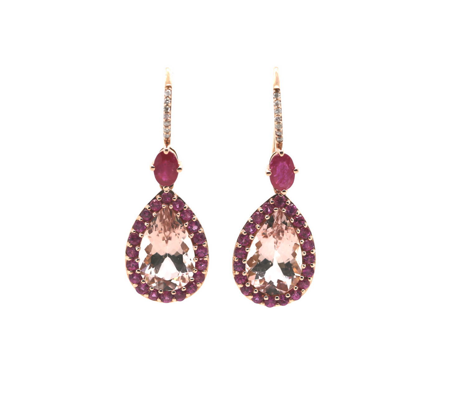 Morganite / Ruby / Diamond Tear Drop Earring, 10.05 cts