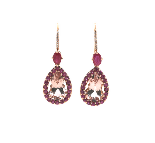 Morganite / Ruby / Diamond Tear Drop Earring, 10.05 cts