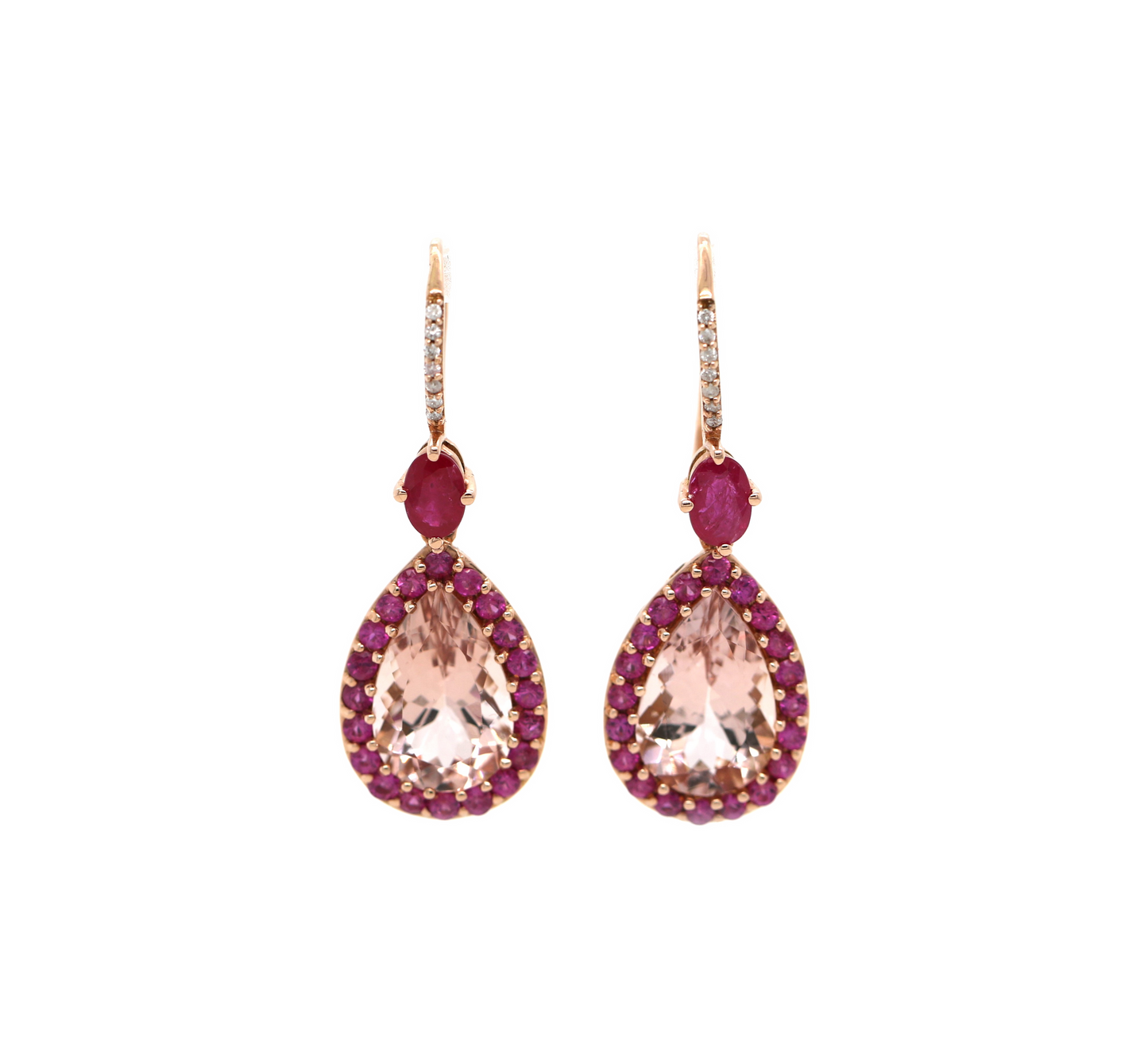 Morganite / Ruby / Diamond Tear Drop Earring, 10.05 cts
