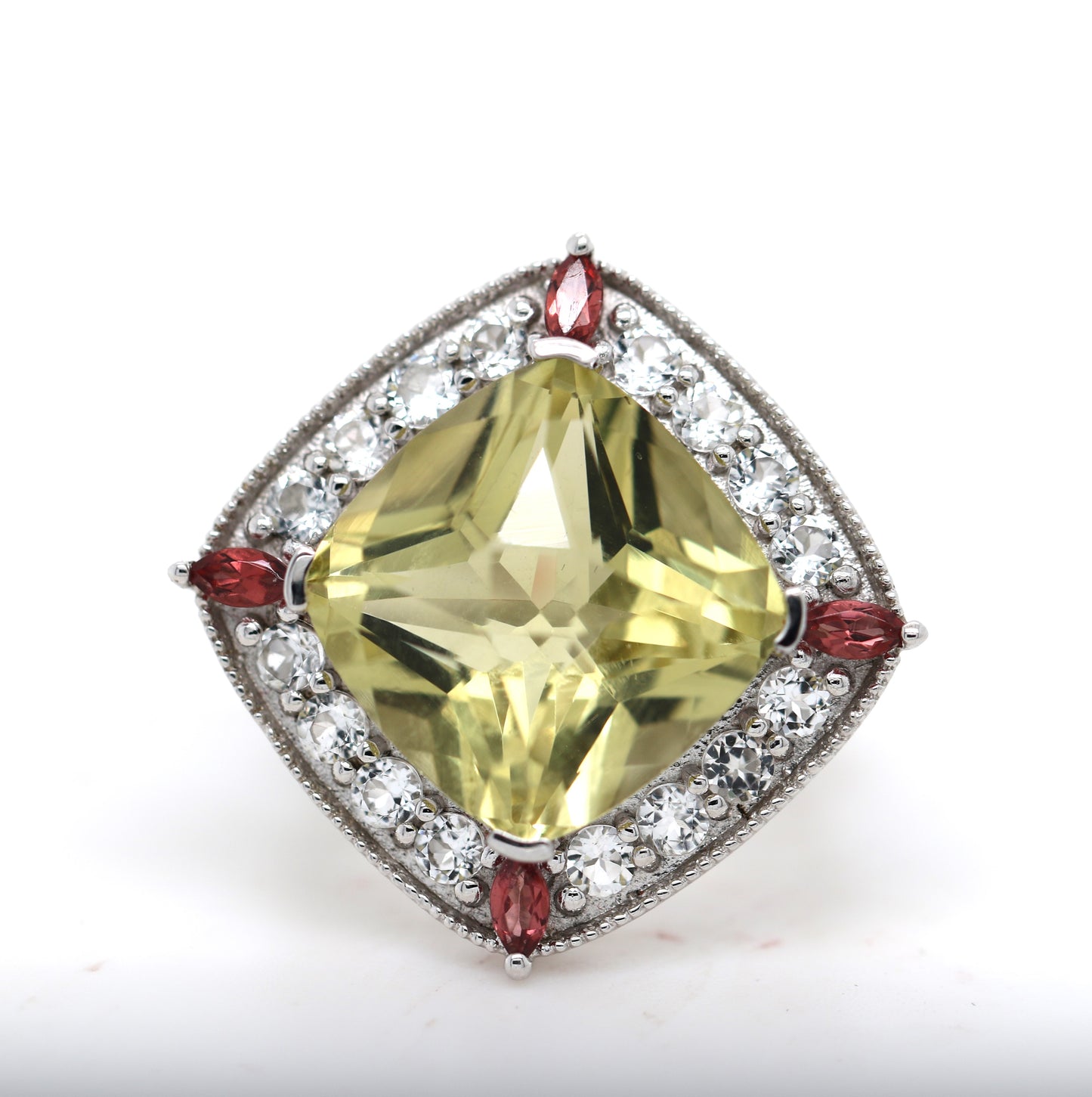 925 Lemon Quartz / Garnet / White Topaz Ring
