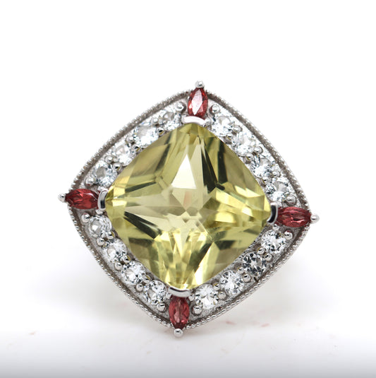 925 Lemon Quartz / Garnet / White Topaz Ring