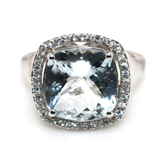 Aquamarine / White Sapphire / Silver Ring, 5.86 cts