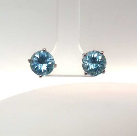 14K AQUAMARINE ROUND STUD EARRING 8MM, 3.34 CTS
