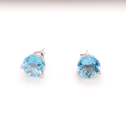 ELEGANT 14K AQUAMARINE ROUND STUD EARRING 8MM, 3.41 CTS