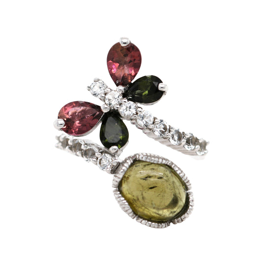 925 Sterling Silver /Colors Of Tourmaline / White Topaz Ring