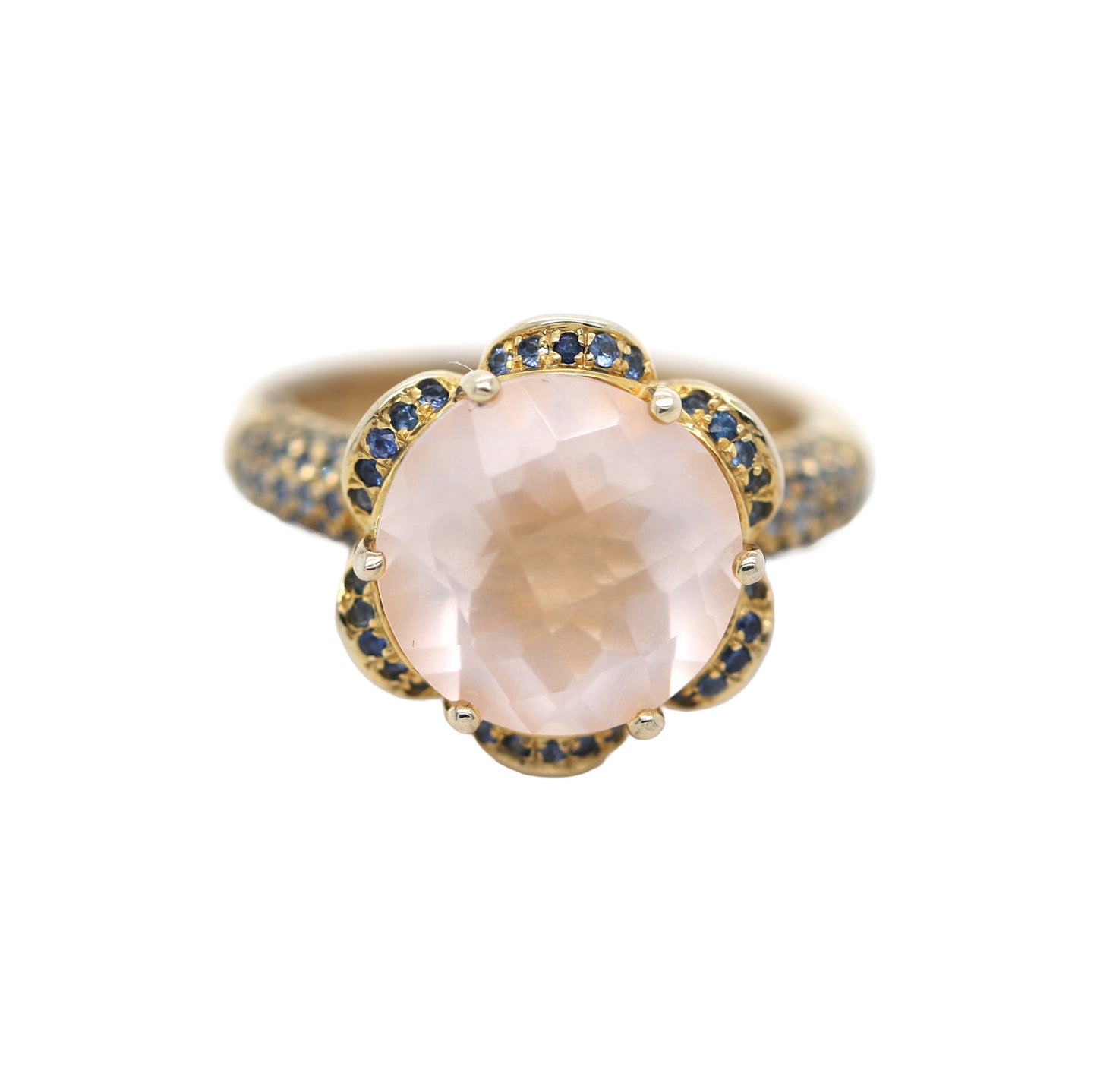 Rose Quartz/ Blue Sapphire 925 Ring Plated in Yellow Gold