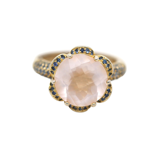 Rose Quartz/ Blue Sapphire 925 Ring Plated in Yellow Gold
