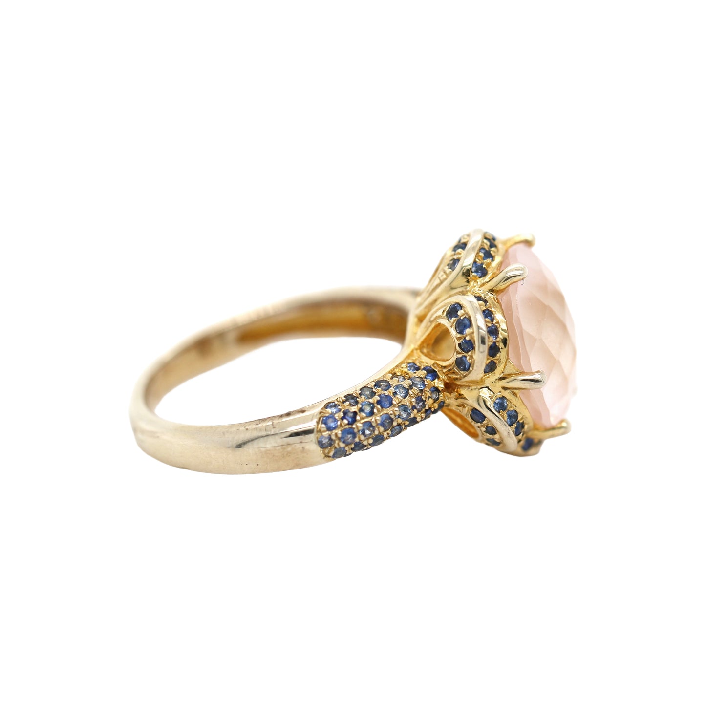 Rose Quartz/ Blue Sapphire 925 Ring Plated in Yellow Gold