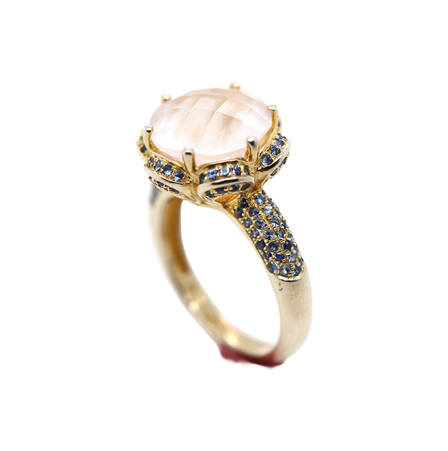 Rose Quartz/ Blue Sapphire 925 Ring Plated in Yellow Gold