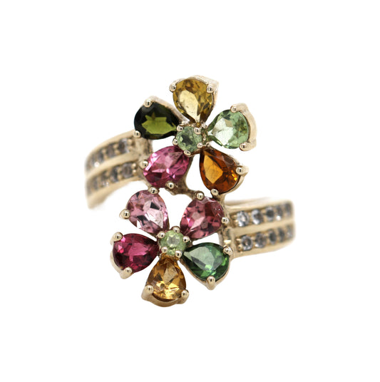 925 Yellow Vermiel / Multicolor Tourmaline / White Topaz Flower Ring