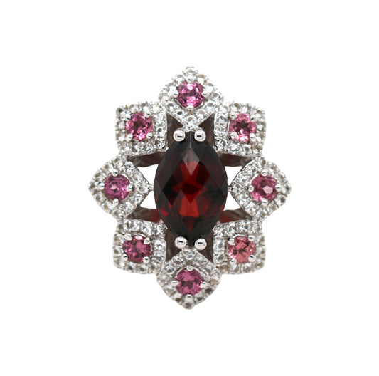 925 Sterling Silver / Red Imperial Garnet / Rhodolite / White Topaz Ring