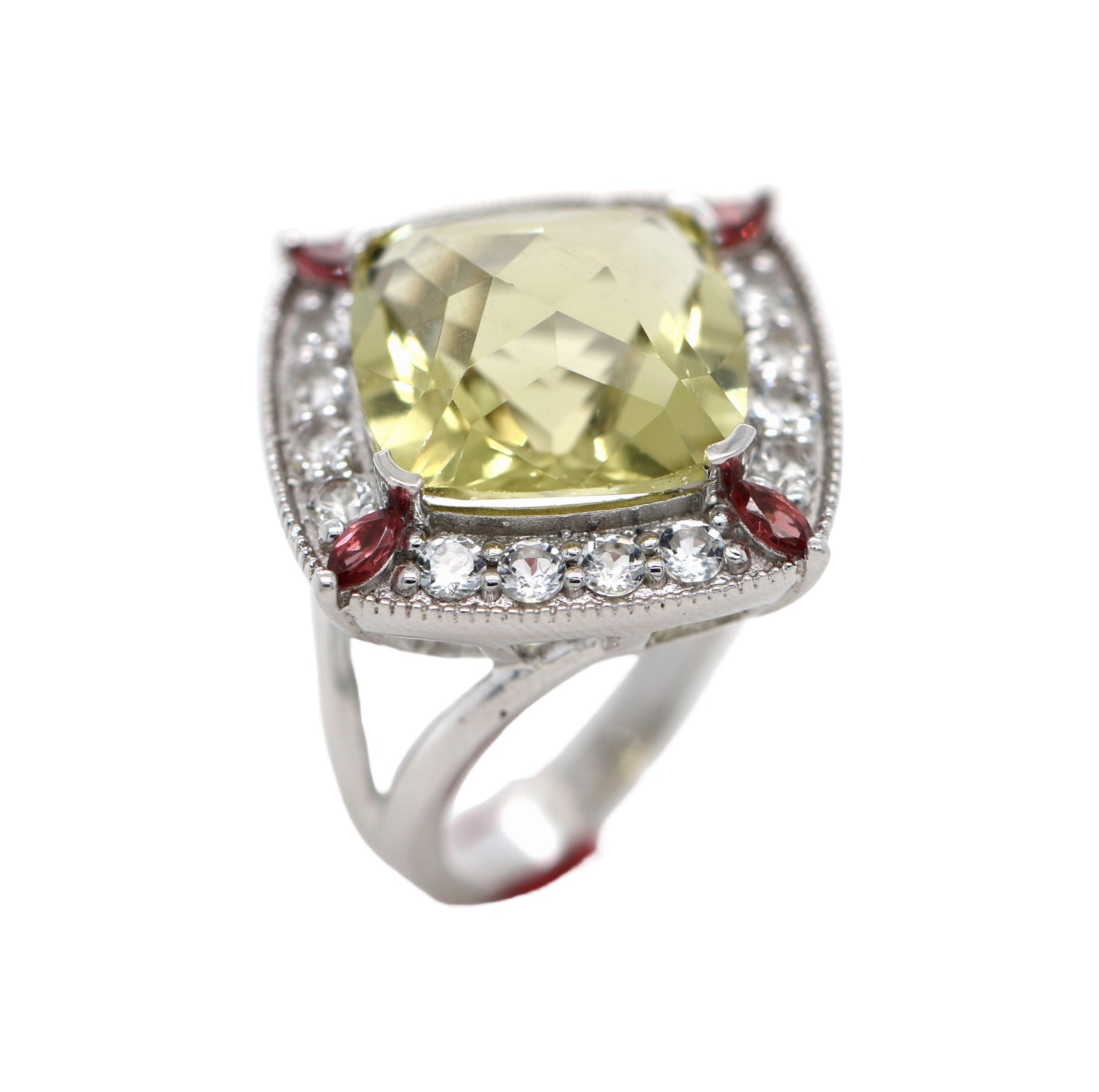 925 Lemon Quartz / Garnet / White Topaz Ring