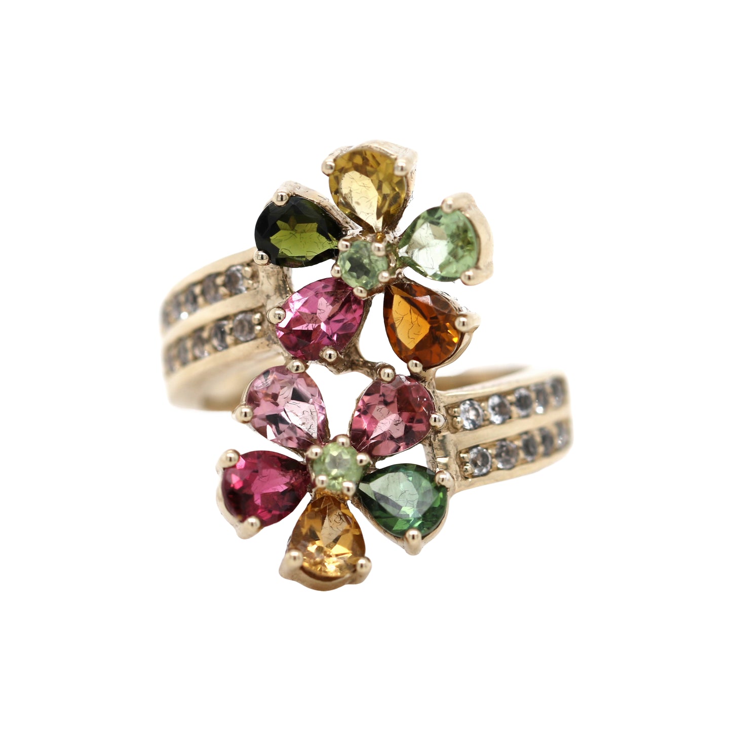 925 Yellow Vermiel / Multicolor Tourmaline / White Topaz Flower Ring