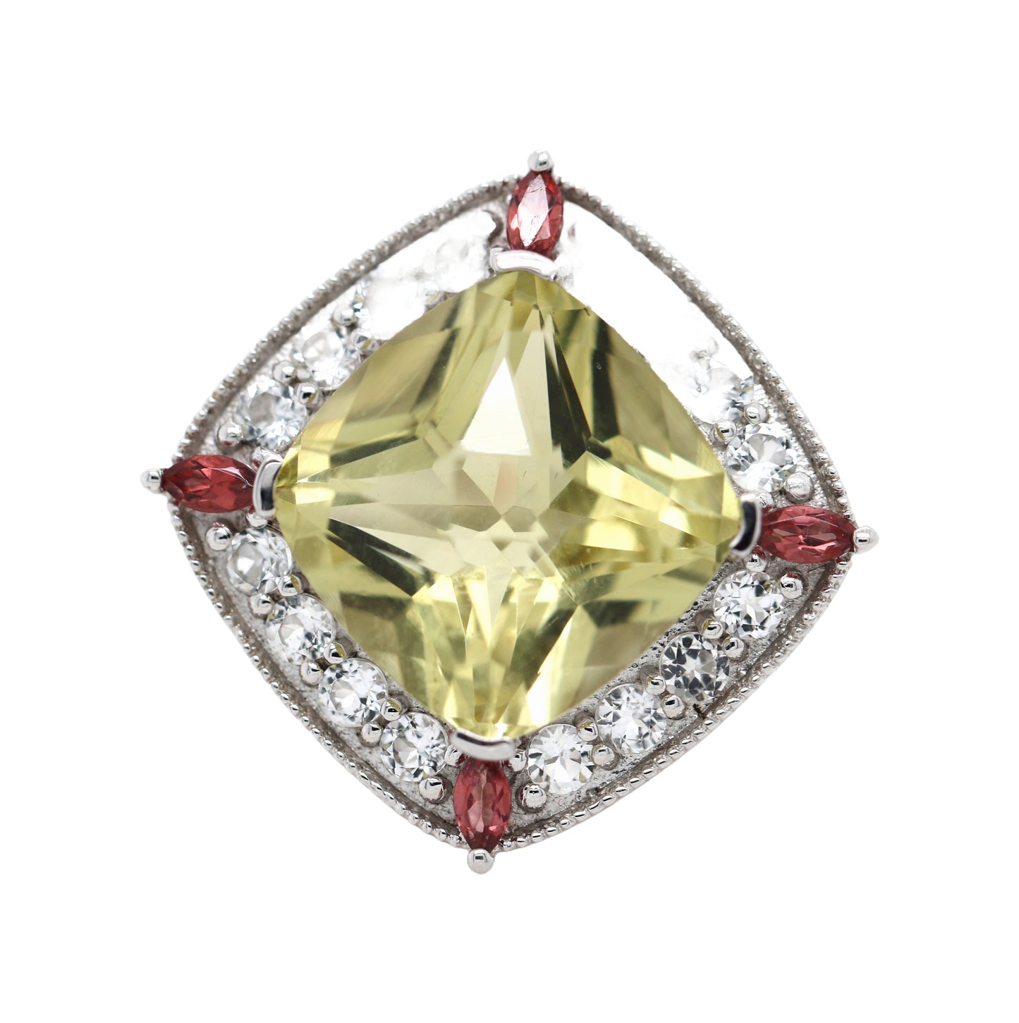 925 Lemon Quartz / Garnet / White Topaz Ring