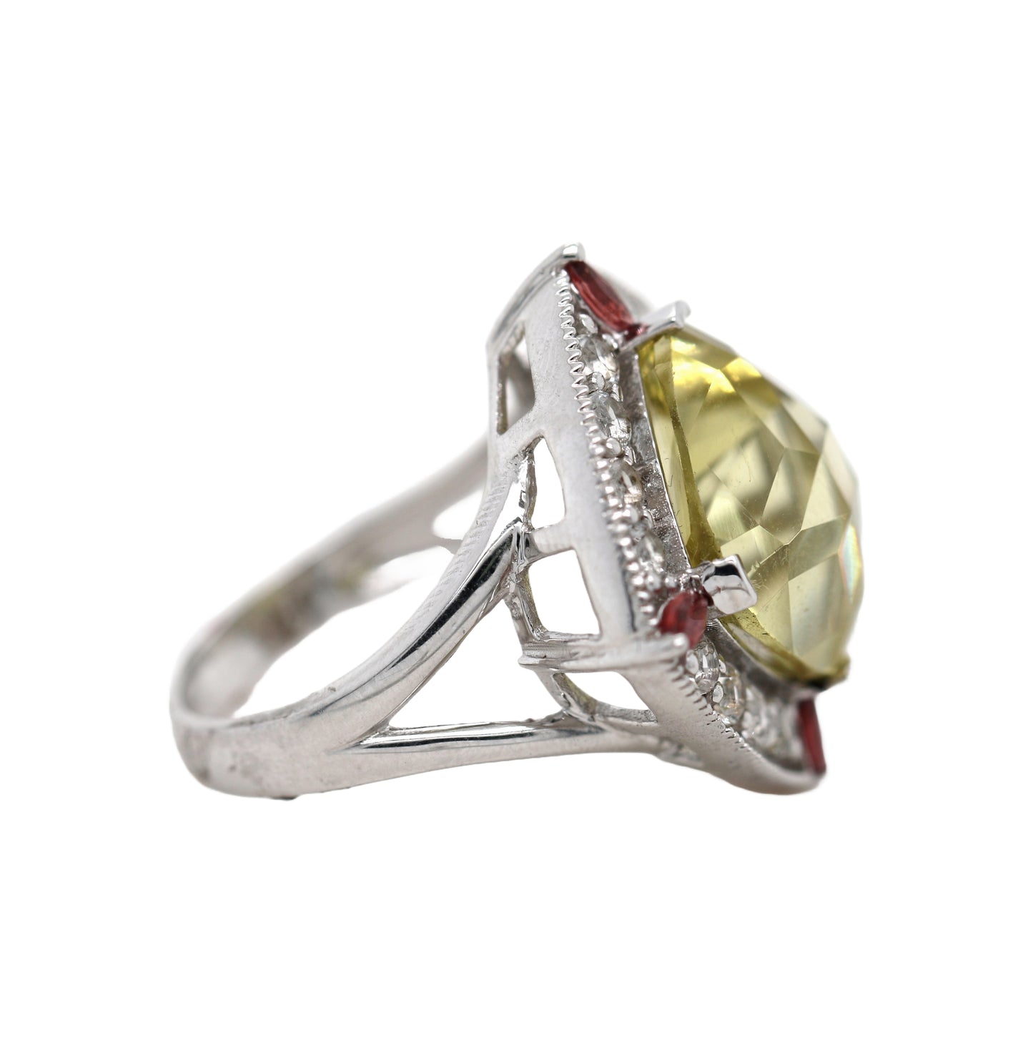 925 Lemon Quartz / Garnet / White Topaz Ring